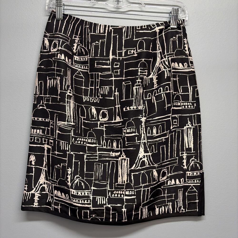 Vintage Grace Elements Paris Skirt Black & White/Eiffel Tower - 100% Silk Sz 4P